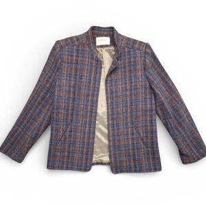 Vintage Jantzen 100% Pure Wool Plaid Blazer Jacket Blue Rust Brown Size 12